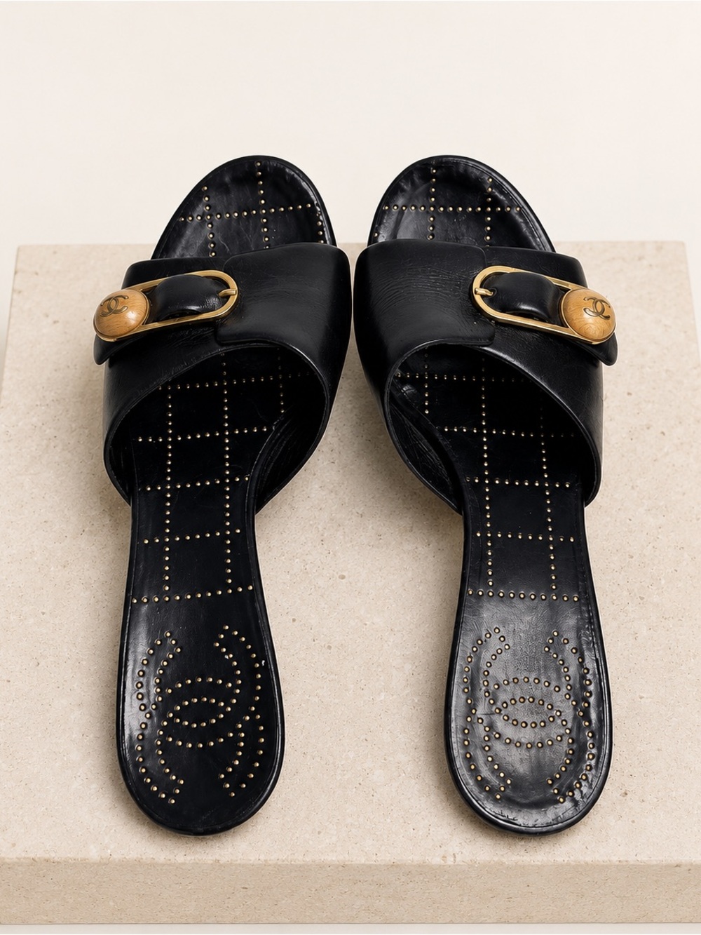 CHANEL Black Leather Slide Mules with Gold CC Buckle